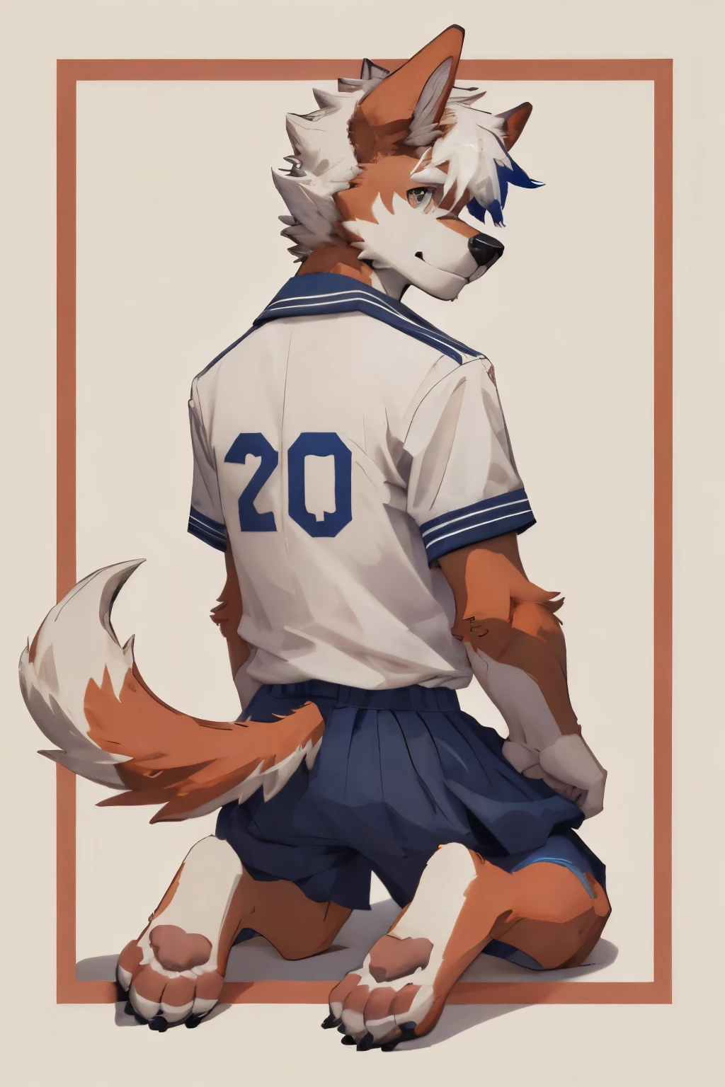 furry,male,juvenile，Boys Summer School Uniform，White hair，Highlights，Dog ears，fang，Dog Tail，Slender figure，Butt，Barefoot，blush，anatomically ，correct, high quality, high details, best quality
