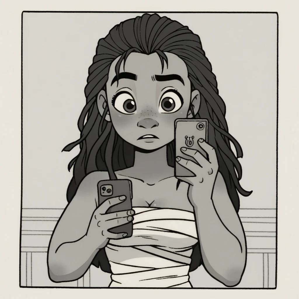 score_9_presence, score_8_up, moana, wrapped in towel, medium breasts, holding phone