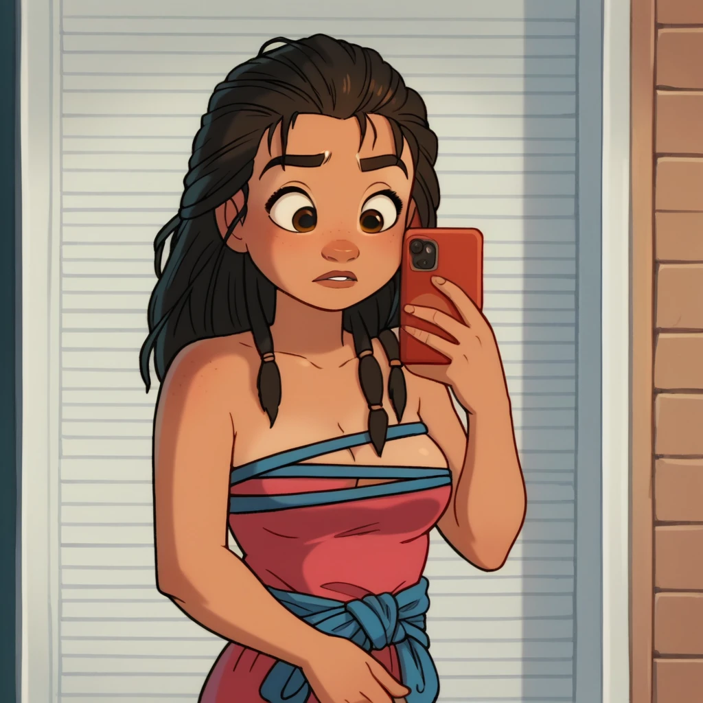 score_9_presence, score_8_up, moana, wrapped in towel, medium breasts, holding phone