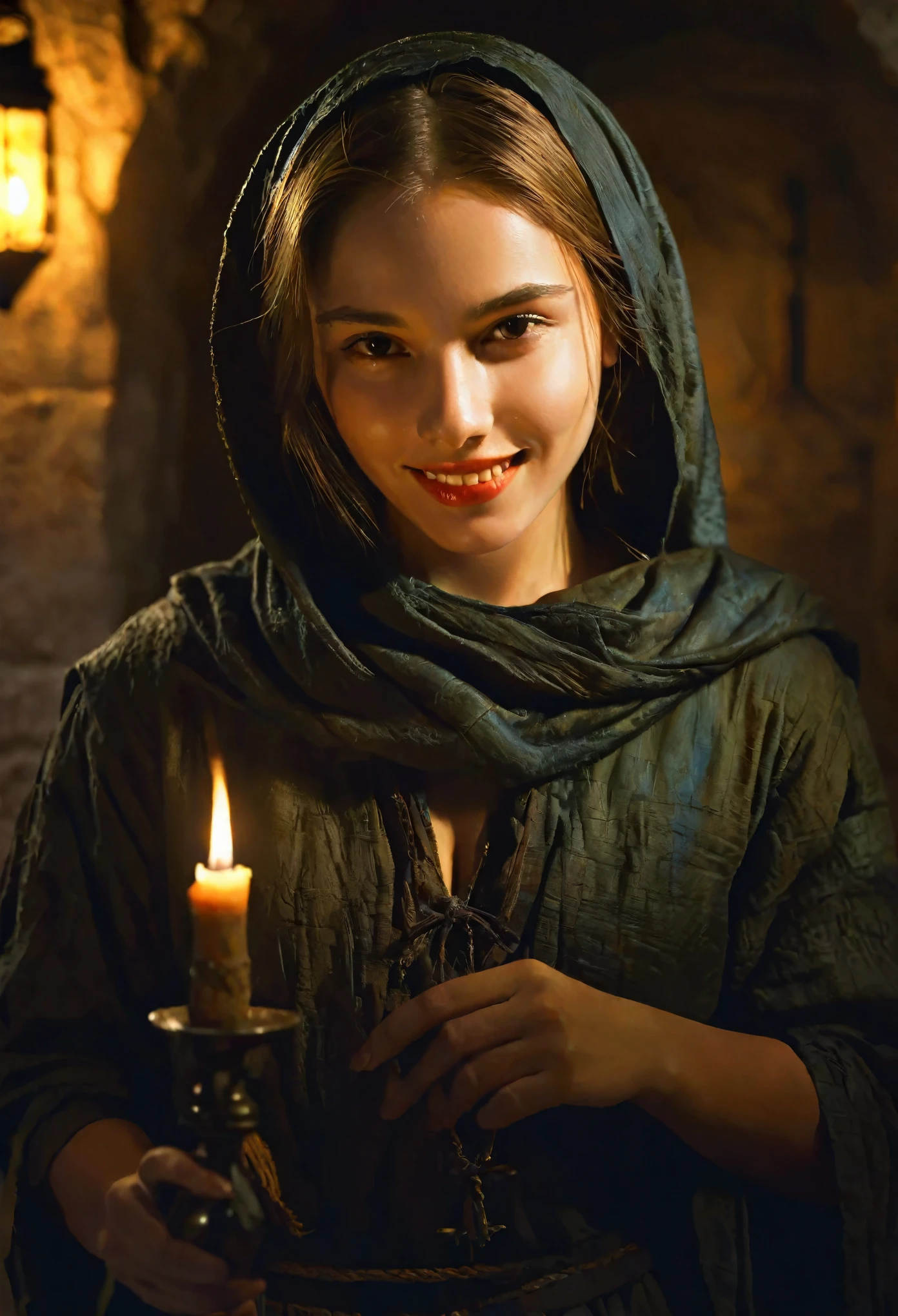 Style by Style Style Crypt Award winner, Spectacular oil painting of a beautiful medieval peasant girl, 15yo, (seductive expression:1.2), erotic espression, an ominous, evil, (Backlight:1.3), Digital Painting, concept art, Smooth, Sharp focus, Three-part method, Dark fantasy,Intricate details, art：Alexis Briclot, Medium Shot, (Shallow depth of field:1.3), grin seductively, She is in sexual climax. erotic, sexy, seductive, moistskin, hyper detailed skin texture, 