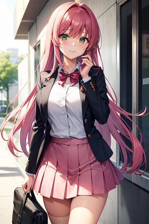 Generate an 18-year-old anime girl with large jade green eyes and a curious gaze, shoulder-length pink hair with bangs, and a fair complexion. She is dressed in a consisting of a blazer, skirt, and knee-high socks, standing in a bustling school corridor with lockers lining the walls. Students pass by, chatting and laughing, as she prepares for her next class. Her studious and friendly demeanor resonates with characters like Mio Akiyama from "K-On!" or Sakura Kinomoto from "Cardcaptor Sakura."