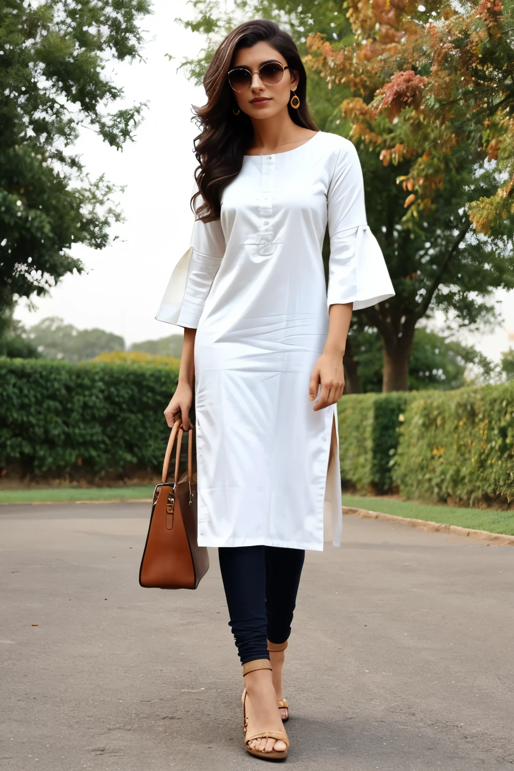 The dress in the image is a sophisticated kurti featuring a mix of traditional and contemporary design elements.
1. **Color and Pattern**: The dress is predominantly brown with an intricate floral print in shades of darker brown and beige, giving it a natural and elegant appearance.
2. **Neckline**: It has a round neckline with a short, subtle slit at the front, adding a touch of modernity.
3. **Sleeves**: The sleeves are elbow-length, which adds to the modest and versatile look of the outfit.
4. **Fit and Length**: The kurti is tailored in a straight cut that falls just below the knee. It includes side slits, ensuring ease of movement and comfort.
5. **Fabric**: The fabric appears to be a lightweight and breathable material, suitable for both casual and semi-formal occasions.
6. **Styling**: The model accessorizes the kurti with white strappy sandals and a white tote bag, enhancing the casual yet chic vibe of the outfit.
**Lighting**: The photograph should be taken with a dark background, using rim light and key lights to highlight the model and the intricate details of the kurti, ensuring a striking and well-defined appearance.