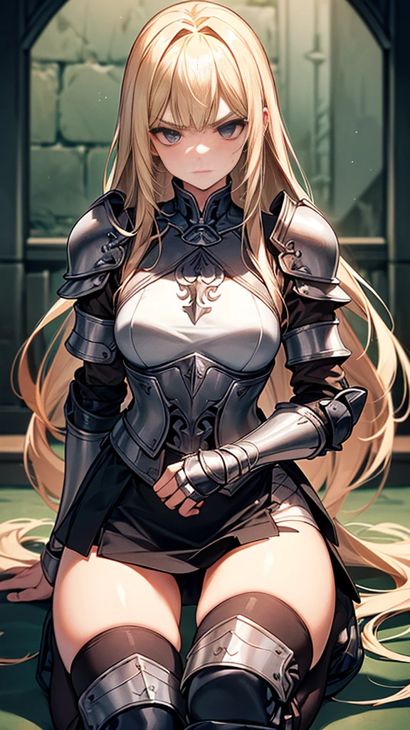 {{masterpiece}}, {{{best quality}}},{{ultra-detailed}}, {{illustration}},{{tall stature}},{{adult women}},((監禁されてSweatをかいて不機嫌な女剣士)),Small breasts,Slender,{{armor}},　｛{{Knee protection}}｝,((mini skirt)),Knee pads,Shin pads　,Armor Chest　Breast Armor　Get down on one knee　V-shaped eyebrows　Sweat　Gauntlet　A strong expression　blunt bangs　Blonde long hair　1 female,alone,　inside a prison cell　kneel down on one knee