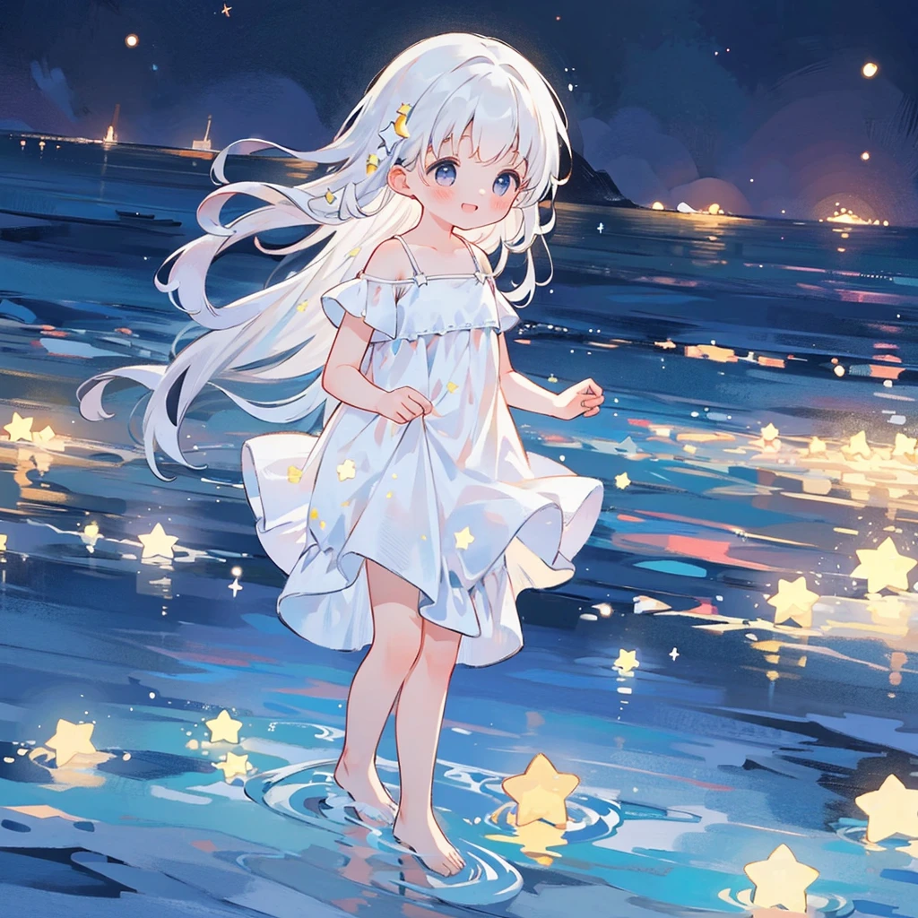 an ocean of stars, night sky, colorful, ethereal, charming girl in a white sheer babydoll dress, white hair, walking on the water, Her smile was filled with tenderness and joy, giant crescent white moon dipping into the water in the background