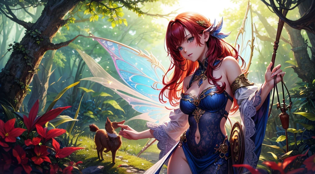 ( Absurd, High quality, ultra-detailed, masterpiece, concept art, smooth, highly detailed artwork, hyper-realistic painting ) , tiny , cute, whole body, Romantic, Vivid, dreamy, fantasy, fairy wings, in the forest, enchanting glow, very detailed art, reveal clothes, sexy lace underwear,  transrarrent clothnes, perky niples, ((pregnat)), redhead