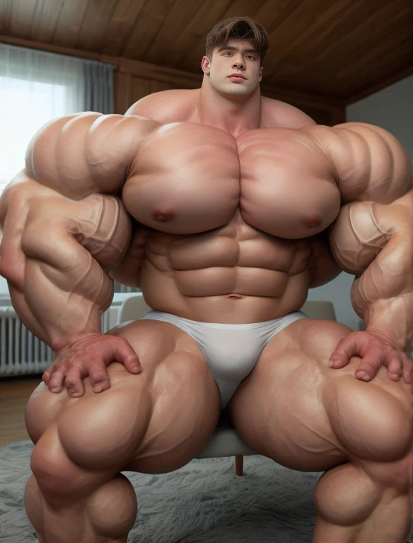 1boy, giant, giant bodybuilder, stand, illuminating light, strong body, bulk, large size, staring, sitting on the lounge, open legs, in the white photo studio room, nude, white triangular underwear, prominent bulge, extraordinary big, brutalmass, giant, muscular body, bulk, buff, massive body, large meaty body size, extremely wide body