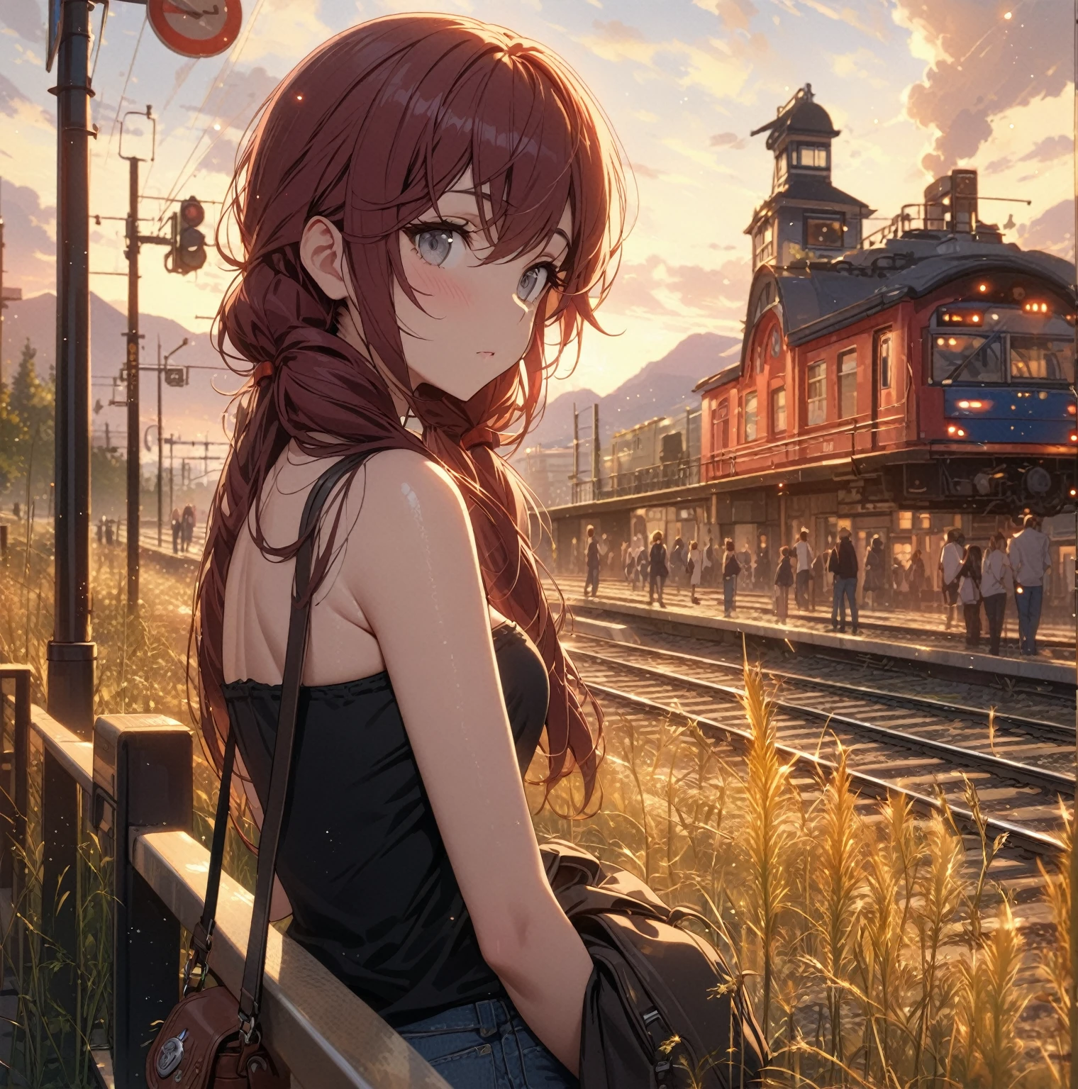 ((Masterpiece, best quality, finely detailed, light particles)), stoic young woman leaning against railing while waiting, dark red hair in low twin tails, swept bangs, gray eyes, strapless black shirt, jeans, satchel, crowded train station, weeds, railroad tracks, mountains, sunset,