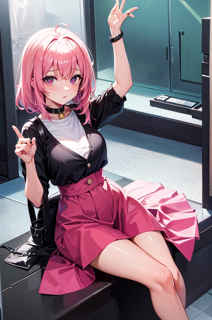 a young girl with pink hair