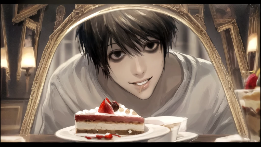 1 boy, man, perfect anatomy, mesmerizing black eyes, 8k resolution, (one person), (realism: 1.2), (masterpiece: 1.2), (cowboy frame: 1.2), dark romantic lighting, (high detail: 1.2), (detailed face: 1.2), (gradients), bright detailed eyes, (natural light: 1.2), solo, indoors, perfect lighting, perfect facial features, perfect angle, perfectly drawn eyes, man, smile, skinny, eats cake