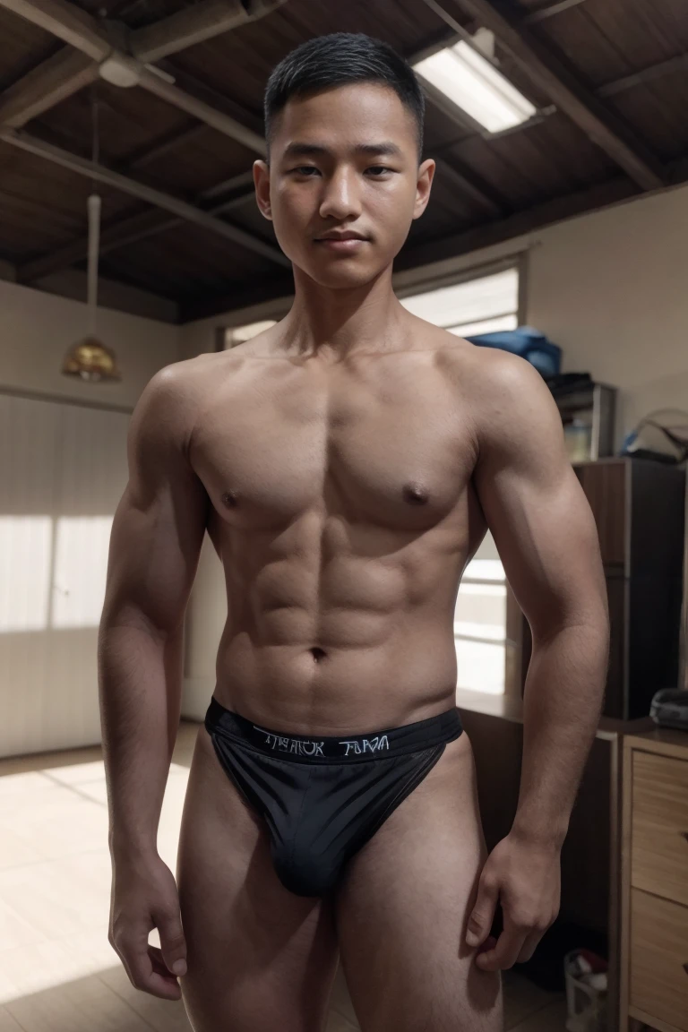boy, (Black Eyes), happy smile,Thai boy,,Wear glasses,man hot nerd,young, firm body, slender, skinny boy body build, child-like,Thai Teenage boy,e-up photo,full body photo ,RAW Photo,photo of a hansome man,alpha male, huge biceps, ripped abs,((face and upper body focus:1.3)), (masculine:1.4), (romantic lighting:1.3), (sexy pose:1.2),(muscular:1.5),(black hair:1.5 ),(Skin Wrinkles:1.5),(full body portrait:1.5),(skin glow:0.5),full body, Realistic, Photography, short haired, stocky muscular body, standing in the workshop, facing the camera, stand up straight, masculine pose, calm expression, detailed face, detailed background, bright light, sunlight, wearing black colors micro thong with small bulge,pale skin, skinny, good lighting, very pale skin, light skin, model with attractive body,medium bulge and medium butts,(Best quality, 8k, Masterpiece). High Detail , superior quality, natural lighting, beautiful, sexy, correct anatomy, good composition,realistic shapes, realistic skin tones,Natural eyes,realistic eyes,looking up at viewer,vpl,realistic muscles,Realistic wrinkles on the skin,Realistic arms and legs,Realistic face,realistic hair,Make a sexy and seductive face, Clear Focus: 1.2, Perfect Body virile: 1.4 , Slender Abs: 1.2, Highly detailed face and skin texture, detailed eyes, double eyelids, big upper lip, man focus,amazing composition, front view, HDR, volumetric lighting, ultra quality, elegant,Post a erotic photoshoot,Realistic pose,detailed hair,full body,Fujifilm XT3 photorealistic art by midjourney