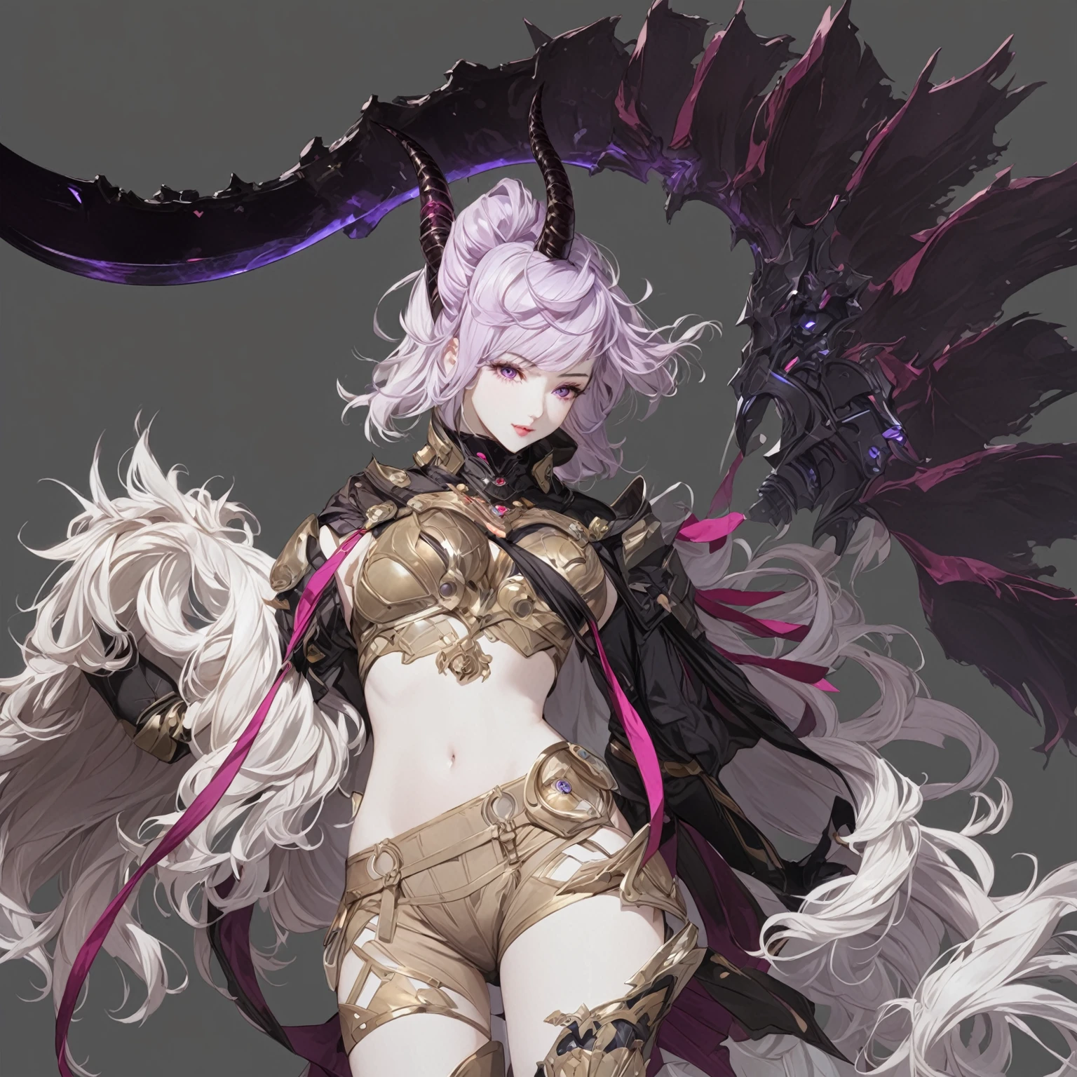 masterpiece, best quality, good quality, Modern Sci-Fi Fantasy aesthetics, Highly detailed, shadowverse style, girl with horn, purple hair