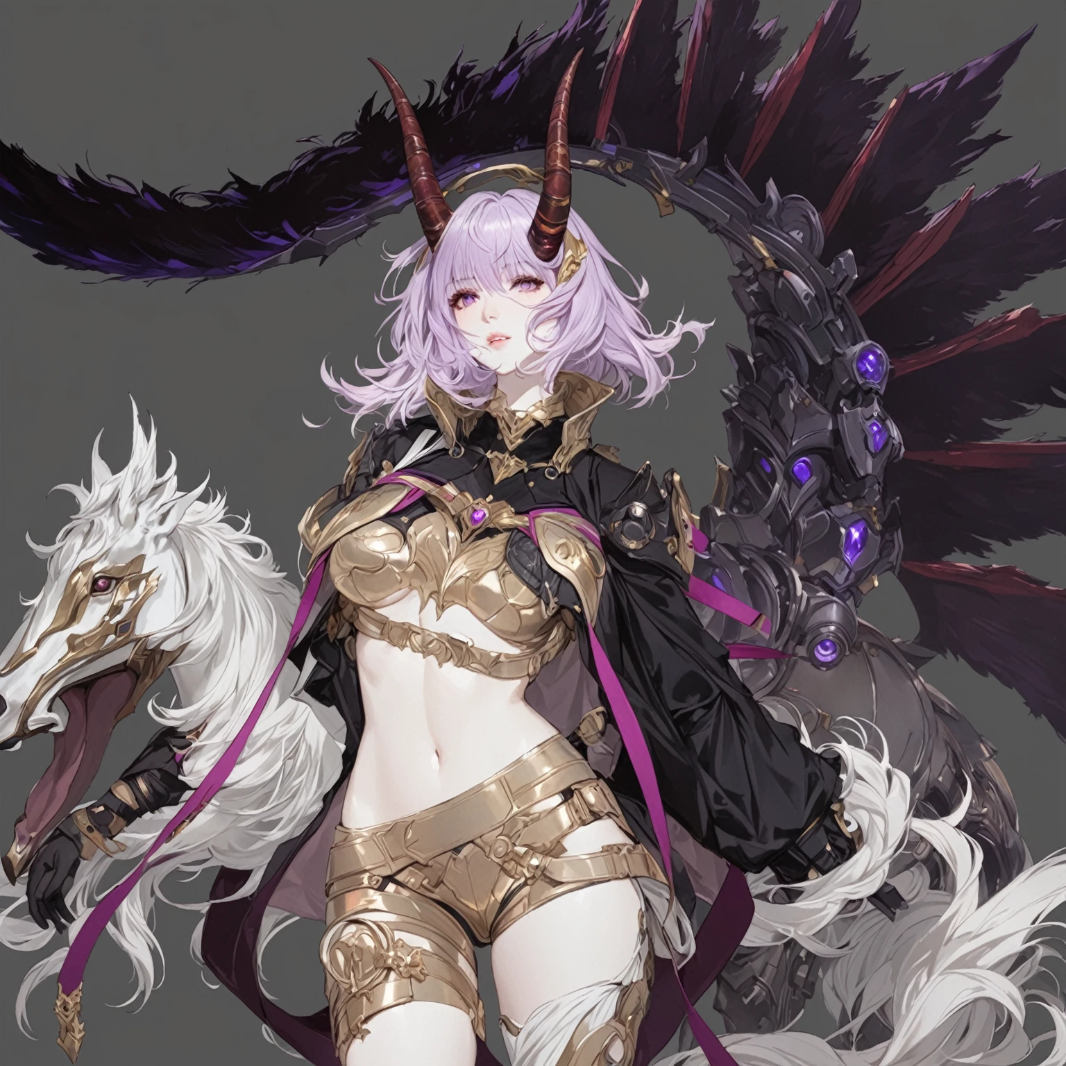 masterpiece, best quality, good quality, Fantasy Japanese Aesthetic, Highly detailed, shadowverse style, , girl with horn, purple hair, Japanese Aesthetic
