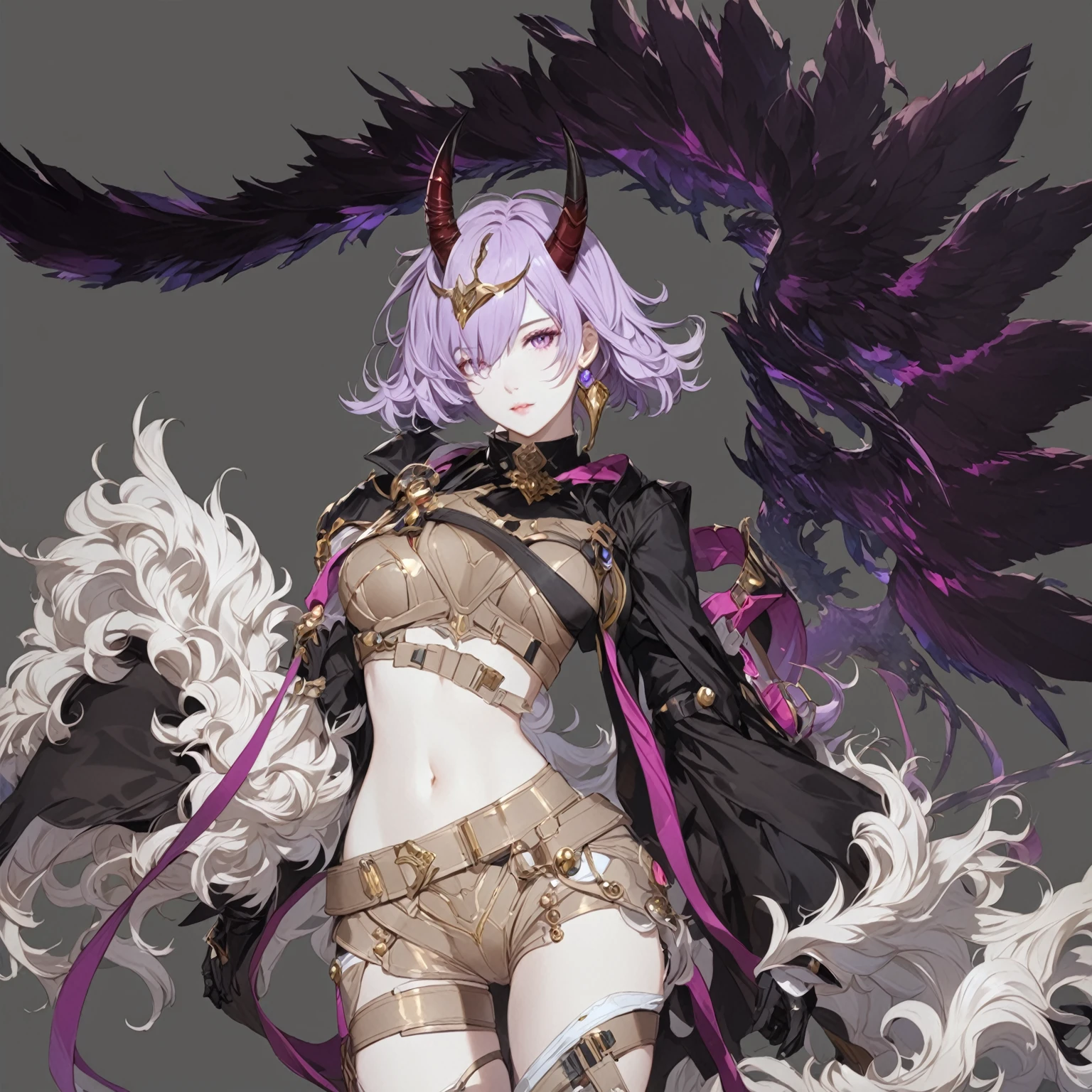 masterpiece, best quality, good quality, Fantasy Japanese Aesthetic, Highly detailed, shadowverse style, , girl with horn, purple hair, Japanese Aesthetic
