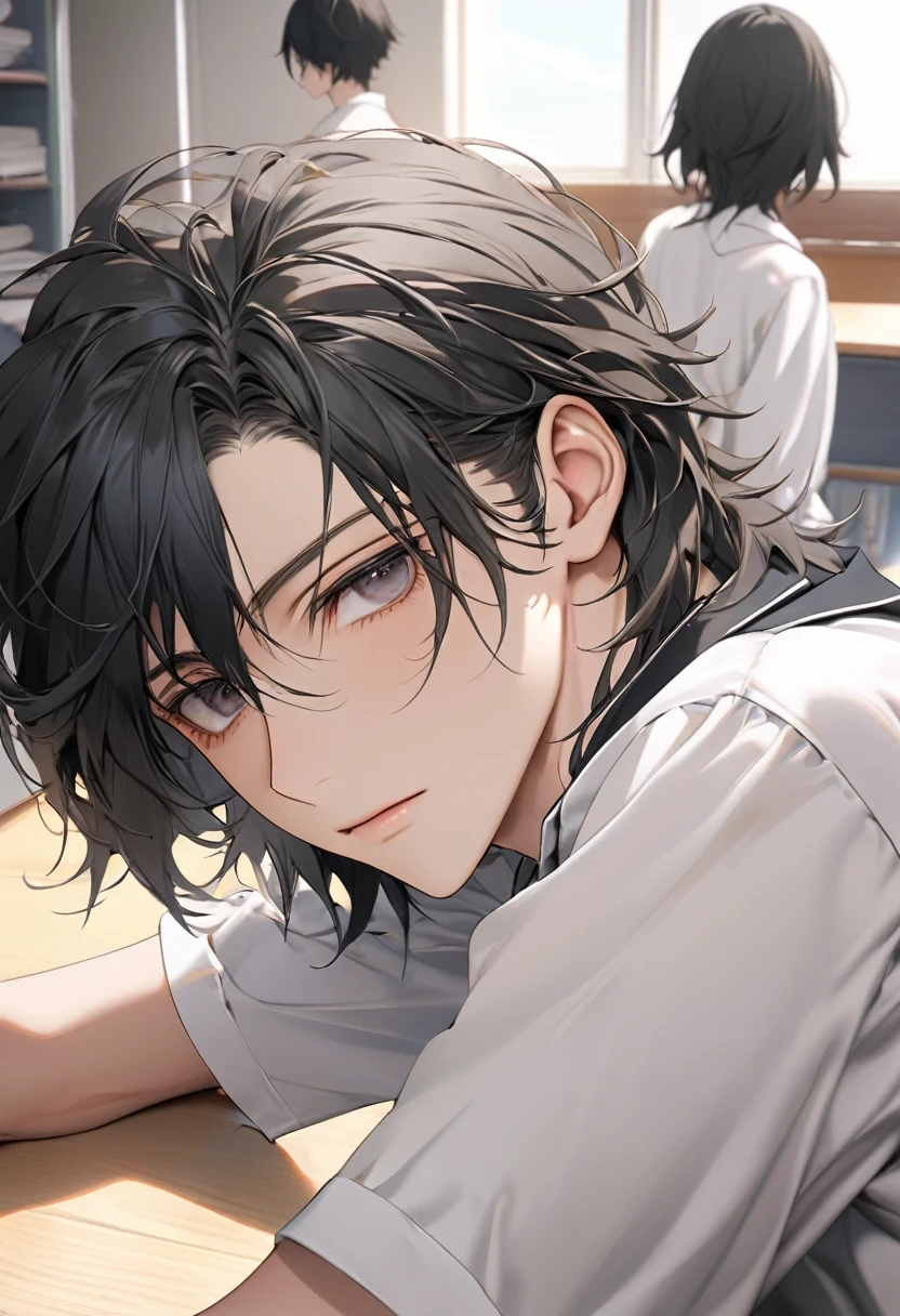 A highschool boy, handsome, perfect body, black hair, short hair, mullet, black eyes, upturned eyes, expressionless, black highschool uniform, anime, first-person view, masterpiece, anatomically correct, high details, highres, best quality, super detail, 1080P