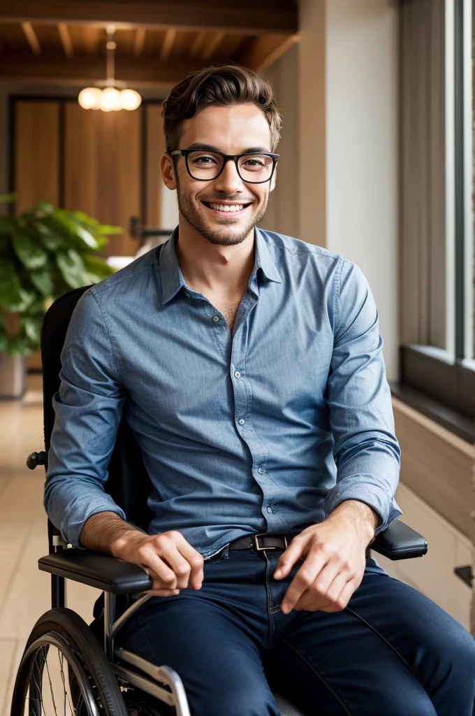 Enigmatic man with smile, simple outfit, on the face and glasses in the right hand while sitting in the wheelchair, perfect smile, High definition