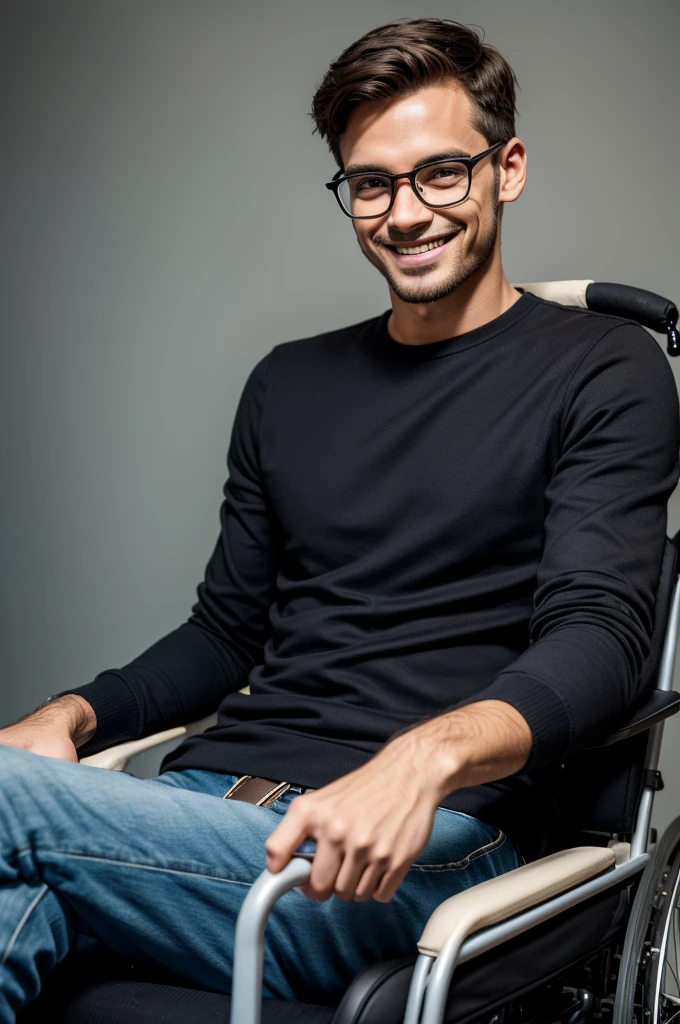 Enigmatic man with smile, simple outfit, on the face and glasses in the right hand while sitting in the wheelchair, perfect smile, High definition