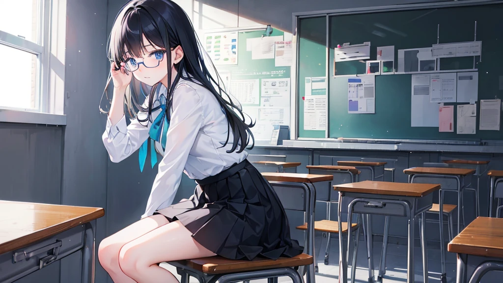 young girl, high , classroom, skirt, light blue eyes, black hair, glasses, quiet, elegant