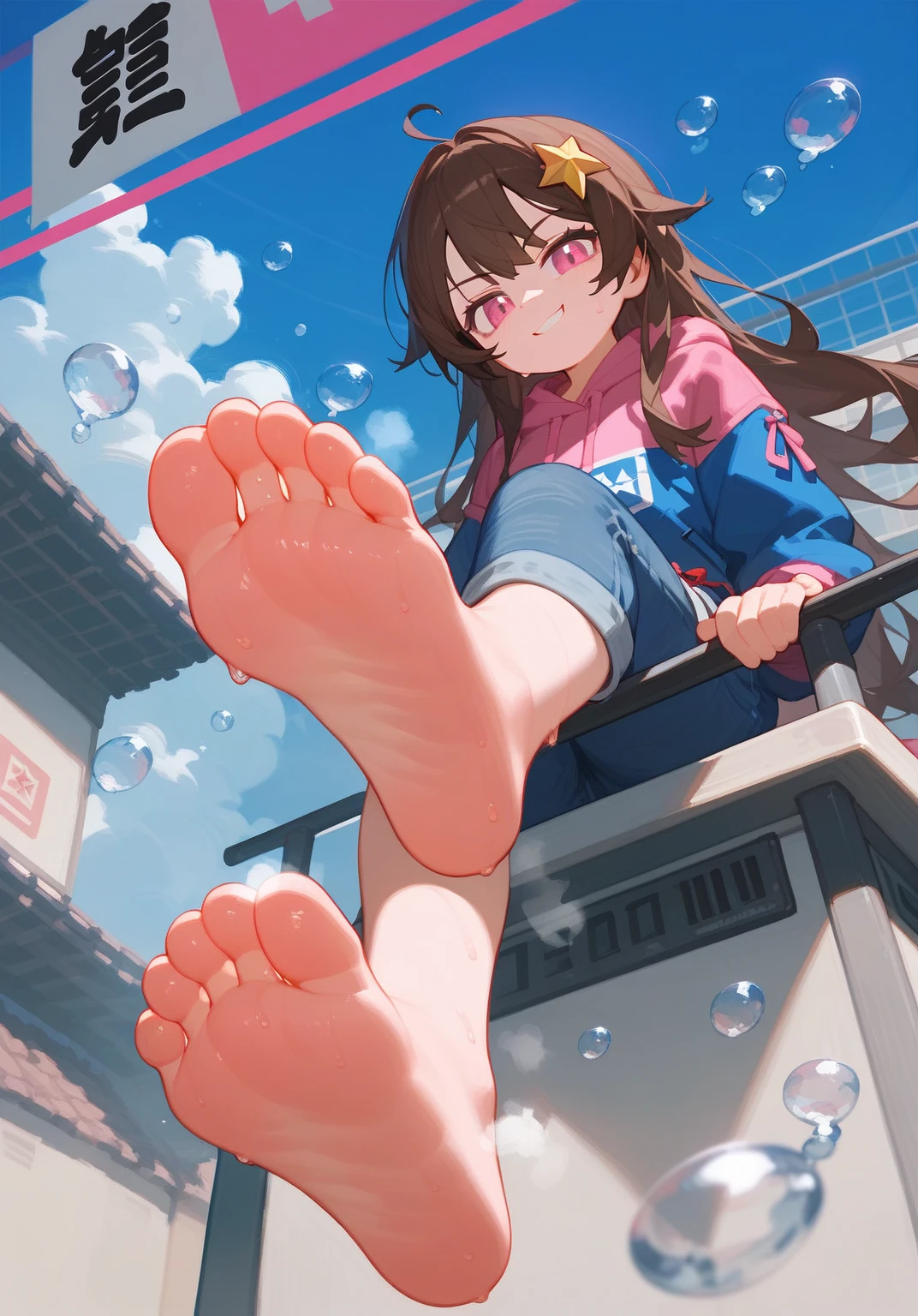 wallpaper，The background is in the room，Brown hair， Long hair，best quality, Very detailed, masterpiece, Extremely detailed, illustration, Sky,Foot Focus, Smirk, barefoot,Stinky feet,Steam around feet,The soles of your feet sweat a lot，Pink hoodie，Pink Eyes，Denim shorts，There is a big five-pointed star hairpin in the hair