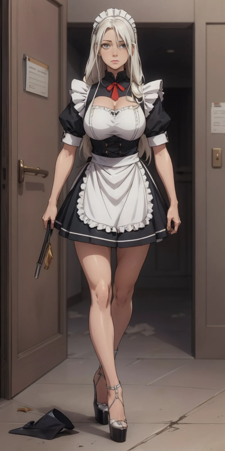 Female, standing, straight, long_hair, messy_hair, white_hair, maid with armor, metal high heels