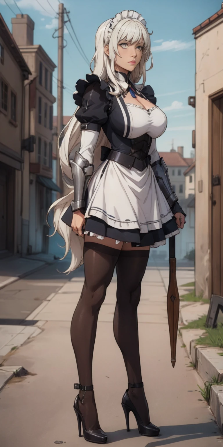 Female, standing, straight, long_hair, messy_hair, white_hair, maid with armor, metal high heels