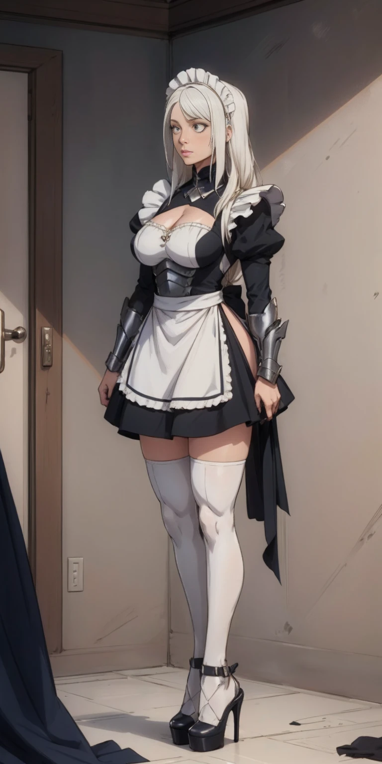 Female, standing, straight, long_hair, messy_hair, white_hair, maid with armor, metal high heels