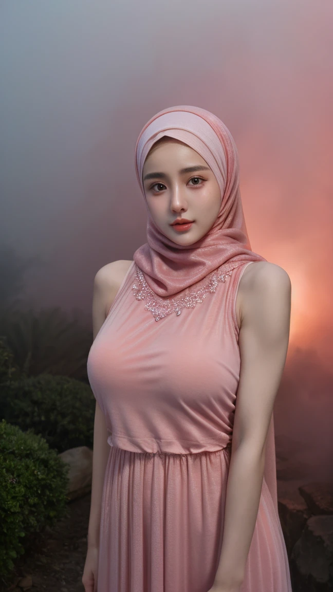 Beautiful Baby Face , 18 Years Old Woman , Wearing Pink Hijab Muslim Dress , She Have Beautiful Black Retina , Colossal Breasts , Big Chest , ((Sleeveless)) , Lace , Glow Makeup , ((Muscles:1.3)) , Whiten Skin , Sexy Look , Dramatic Photography , Pink Coloured , 8K , High-Res , Garden Outdoor , ((Foggy:1.3)) , Pink Coloured , Pinky Girl