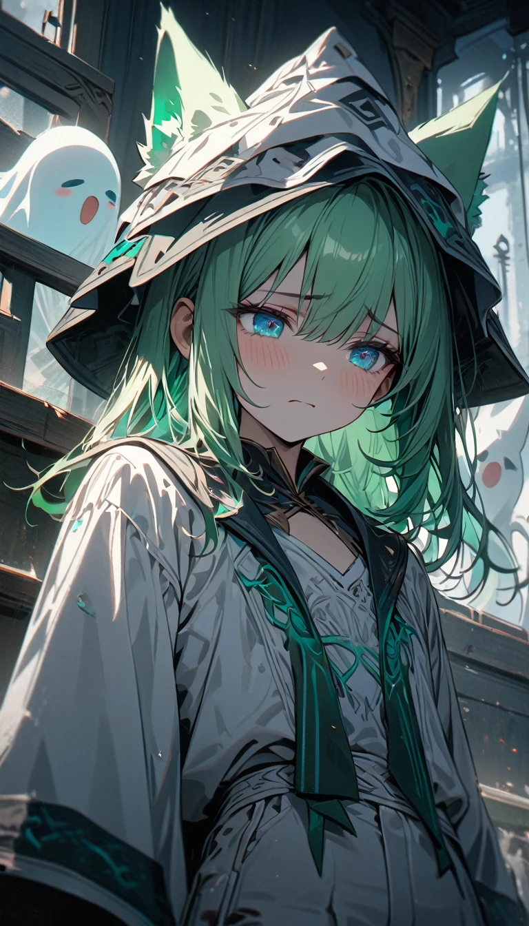 young girl, long light green hair, turquoise eyes, fox ears, exorcism hat, white Chinese shirt, white shorts, green elements, flat chest, ghosts, sad, Masterpiece, best quality, Full HD, 8k, ultra details, great graphic