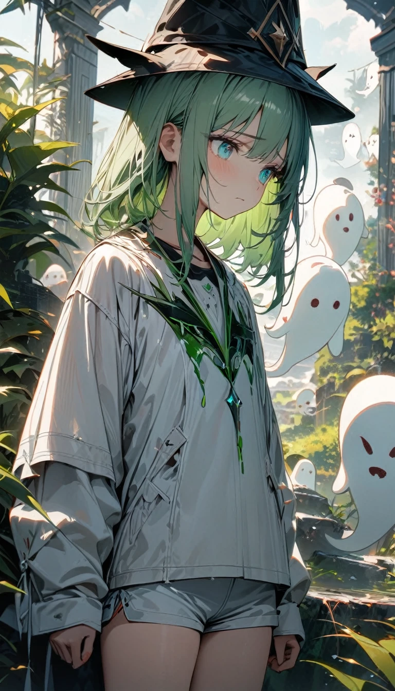 young girl, long light green hair, turquoise eyes, fox ears, exorcism hat, white Chinese shirt, white shorts, green elements, flat chest, ghosts, sad, Masterpiece, best quality, Full HD, 8k, ultra details, great graphic