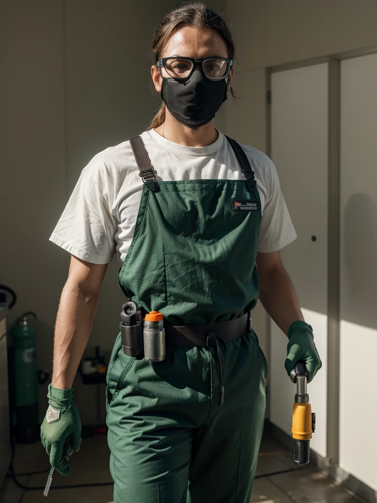 A detailed image of a pest control technician, wearing a dark green jumpsuit with the company logo, non-slip safety boots, protective gloves, a filtering mask, and safety goggles. The technician carries a utility belt with essential tools and holds a portable sprayer for applying disinfectant products, maintaining a professional appearance, ready to ensure an effective and safe service. High-resolution, photorealistic, background: 100% white