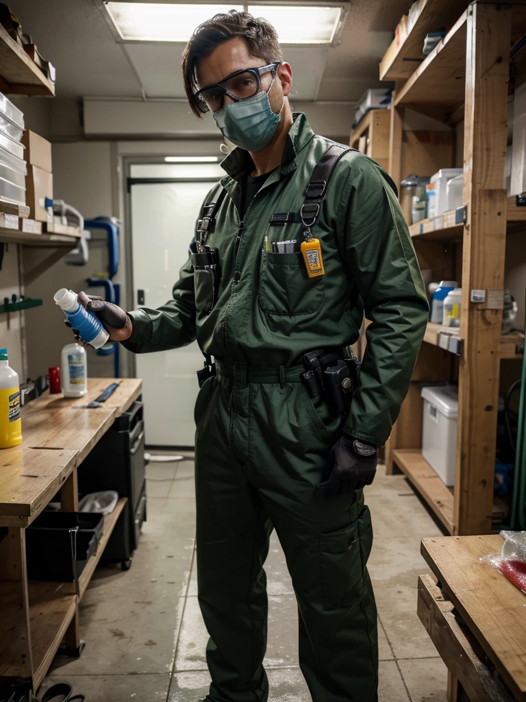 A detailed image of a pest control technician, wearing a dark green jumpsuit with the company logo, non-slip safety boots, protective gloves, a filtering mask, and safety goggles. The technician carries a utility belt with essential tools and holds a portable sprayer for applying disinfectant products, maintaining a professional appearance, ready to ensure an effective and safe service. High-resolution, photorealistic, background: 100% white