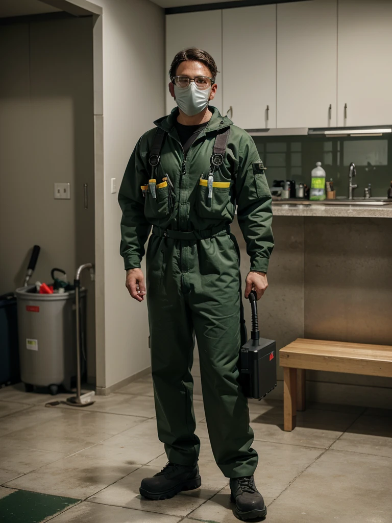 A detailed image of a pest control technician, wearing a dark green jumpsuit with the company logo, non-slip safety boots, protective gloves, a filtering mask, and safety goggles. The technician carries a utility belt with essential tools and holds a portable sprayer for applying disinfectant products, maintaining a professional appearance, ready to ensure an effective and safe service. High-resolution, photorealistic, background: 100% white