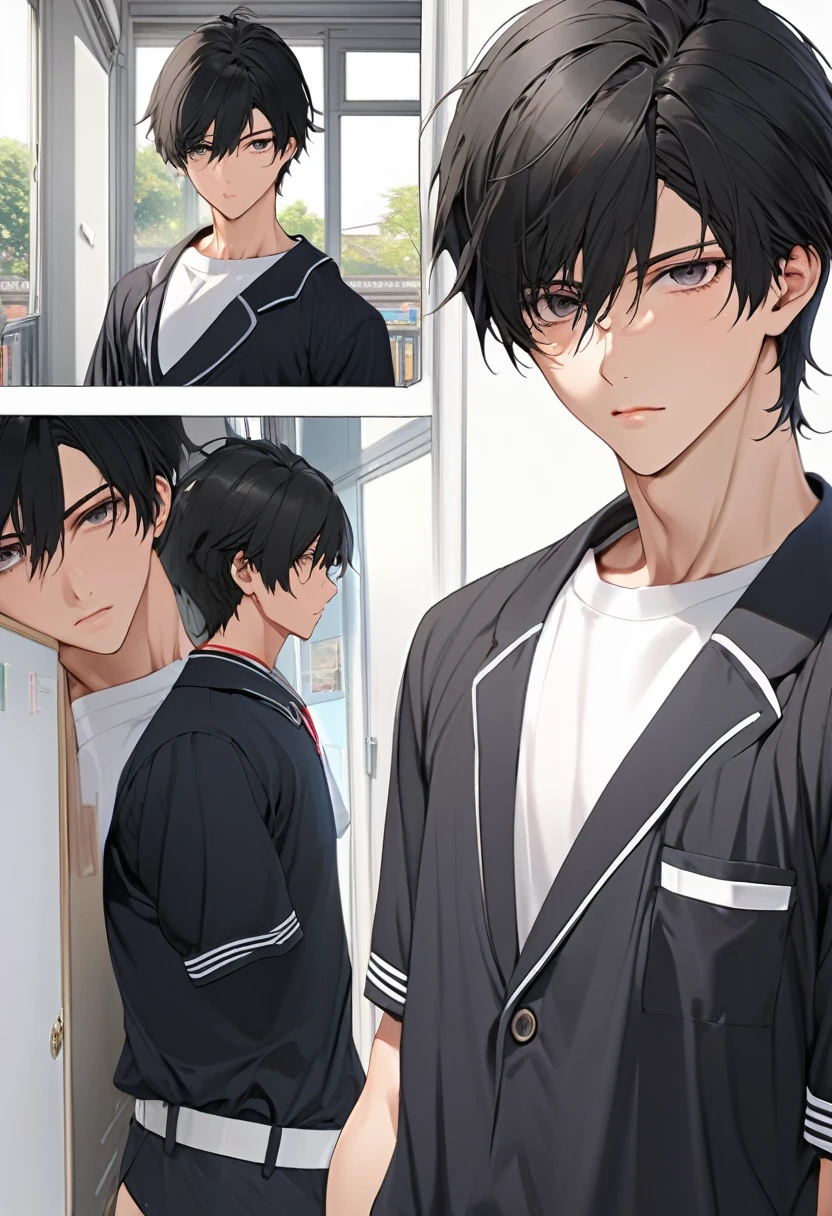 A highschool boy, handsome, perfect body, black hair, short hair, mullet, black eyes, upturned eyes, expressionless, black highschool uniform, anime, first-person view, masterpiece, anatomically correct, high details, highres, best quality, super detail, 1080P