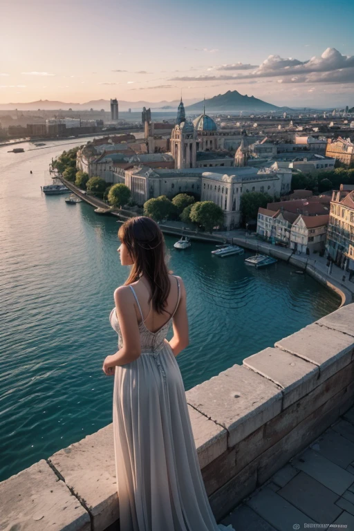 A woman contemplating the view of a city located in the heart of the lagoon, stood like a sparkling jewel, reflecting the colors of the evening in the calm waters. Instead of being a simple seaside town, it spread majestically over an archipelago, surrounded by canals and bridges that connected its islands.
The buildings, made of limestone, tuff and marble, stood out with their sharp edges, made me feel like I was in ancient Rome.
over the horizon, the majestic towers reminded me of the grandeur of the Renaissance towers, decorated with intricate circular bas-reliefs.