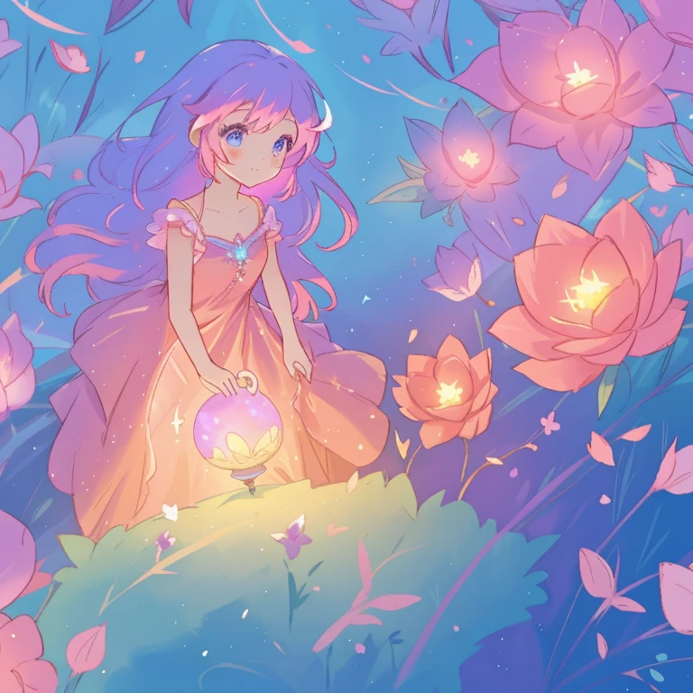 beautiful girl in glowing layered fantasy dress, fairy girl, sparkling glowing lights, long glowing purple pink hair, otherworldly flowers and colorful plants, inspired by Glen Keane, inspired by Lois van Baarle, fantasia otherworldly landscape, fantasia background, beautiful, masterpiece, best quality