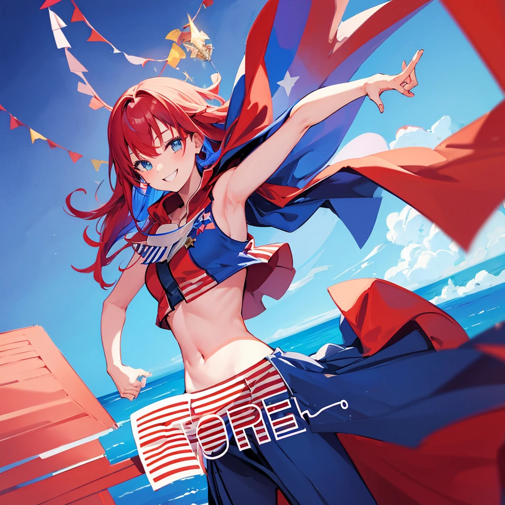 1 Girl of American spirit, Red white and blue hair, smiling, crop top, skirt, her cape is the american flag, homelander from the boys, patriotic, USA flag cape, Hero pose, dutch angle, side shot