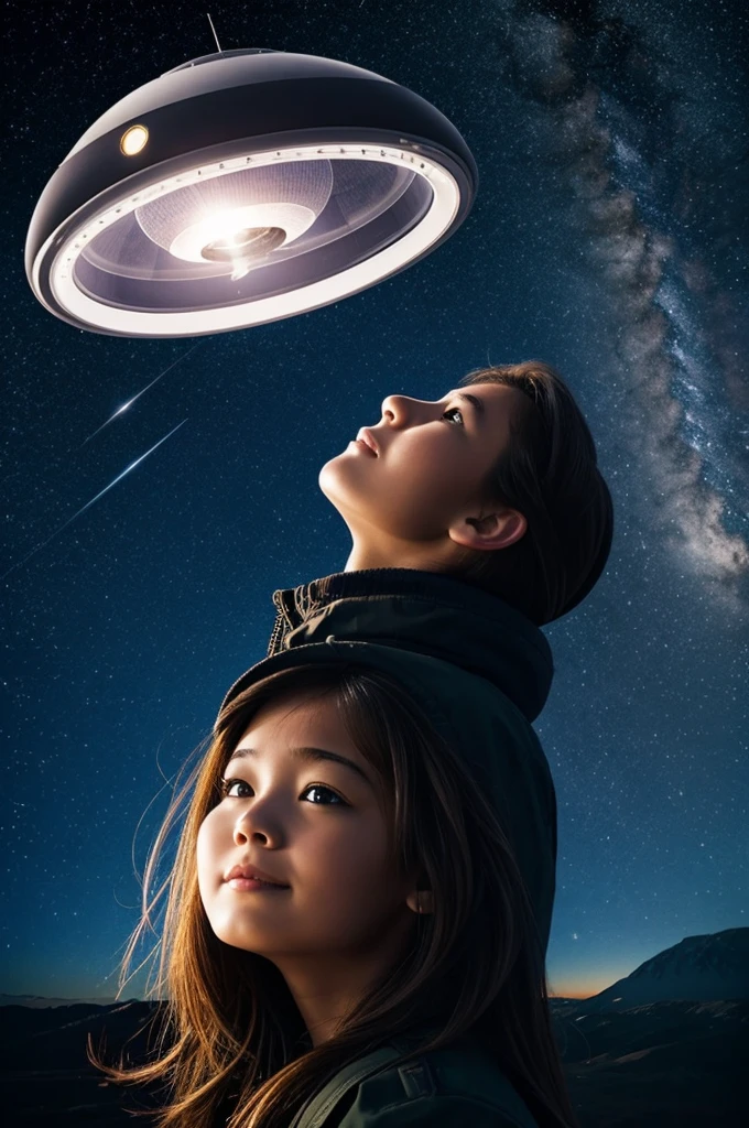 A girl is looking up the sky with a ufo in the sky.