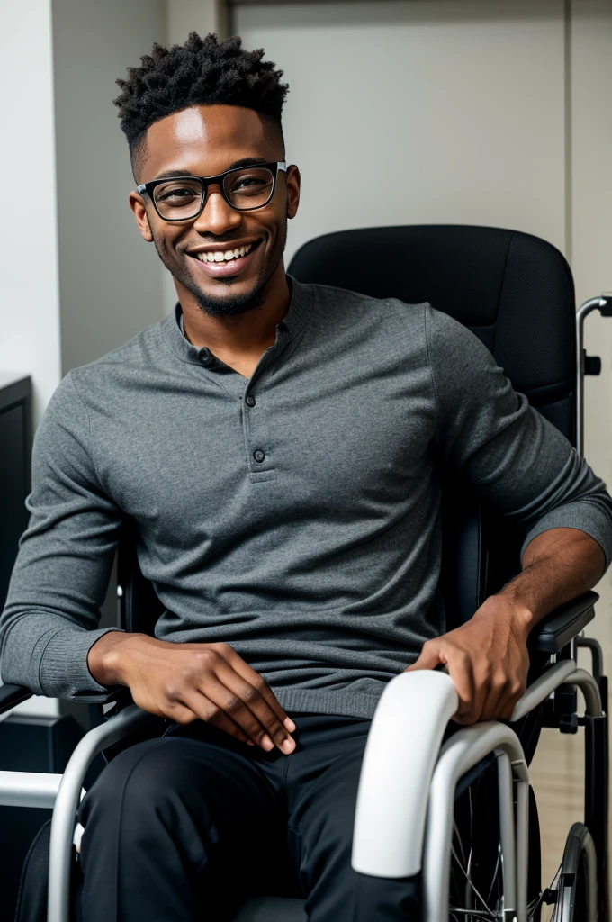 black male, simple outfit, enigmatic man with smile on his face and glasses in his right hand while sitting in wheelchair, perfect smile high definition.