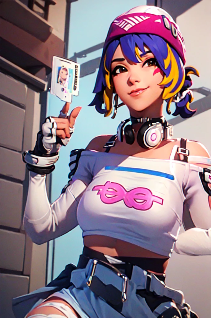 ((masterpiece, best quality)), 1girl, solo, Kiriko LeSserafim, upper body, short hair, brown eyes, multicolored hair, blue hair, yellow highlights, bangs, pink headwear, hair between eyes, (white off-shoulder shirt:1.5), ((gloves:1.5)), pointing to her face, fingerless gloves, hoop earrings, (white shirt:1.5), headphones around neck, thighhigh, white gloves, lace-up boots, boots, gloves, jacket around waist, thighhighs, breasts, headphones, standing, jewelry, bracelet, midriff, white crop top, cross-laced footwear single kneehigh, smile, earrings, jewelry, hat, looking at viewer, makeup, facepaint, facial mark, detached sleeves, lips, indoors, japanese house, hands on her face, portrait,  