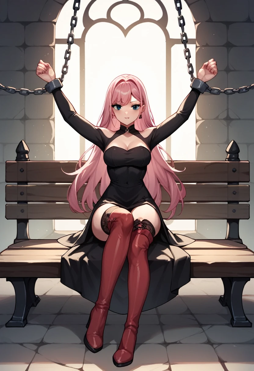 score_9, score_8_up, score_7_up, score_6_up, score_5_up, score_4_up, source_anime, 1woman, sit, bench, pink hair, long hair, black eyes, w-w-chain, shackles, spread arms, black dress, black stockings, red thigh high boots, heels, dungeon, best quality, best res, 4K UHD,