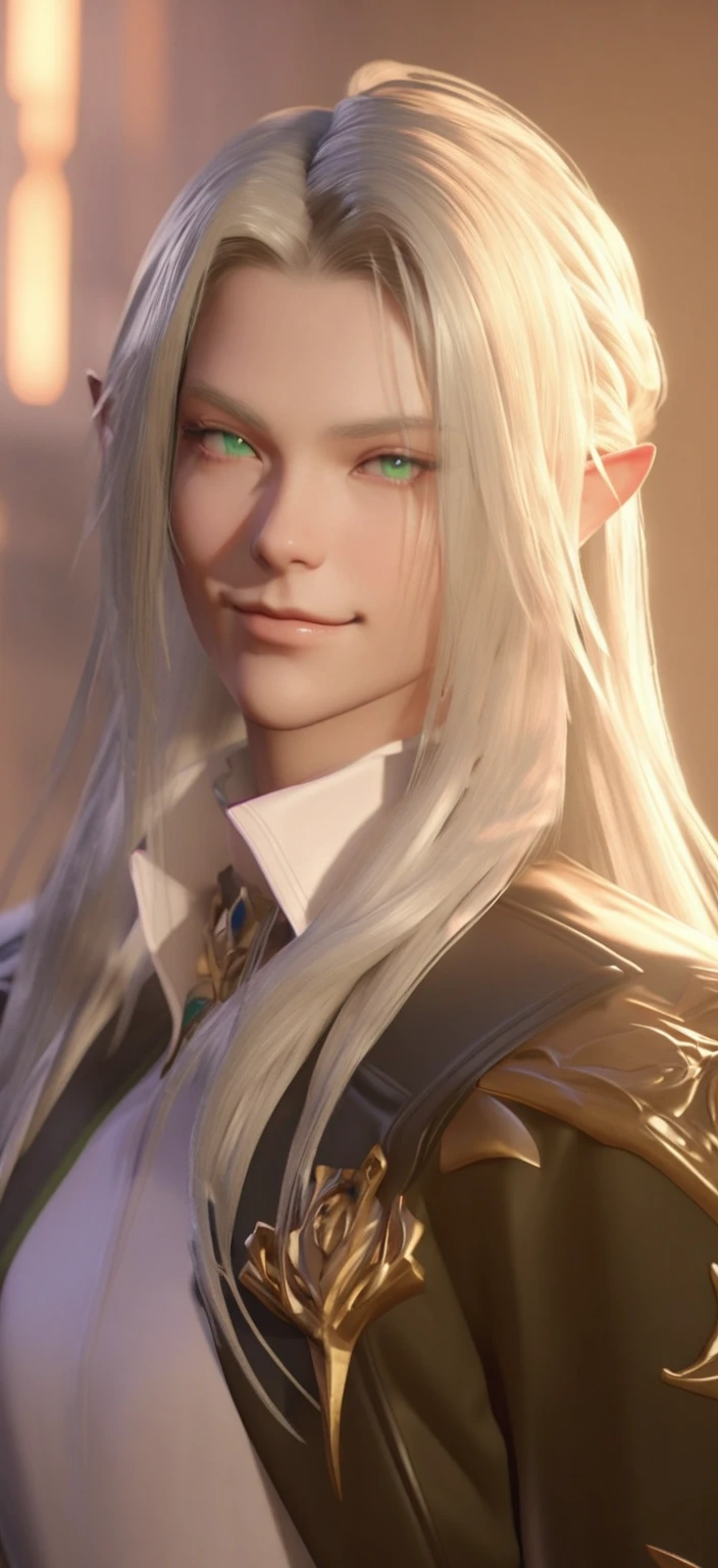 Blonde and green eyes、Woman wearing a black jacket, a portrait of Male Elf, Beautiful male elf, elven character with smirk, Character close-up, Character Art Close-Up, Male Elf, Close-up Character, Character portrait close-up, 8K Portrait Rendering, 3d rendering character art 8k, Character close-up, A delicate androgynous prince