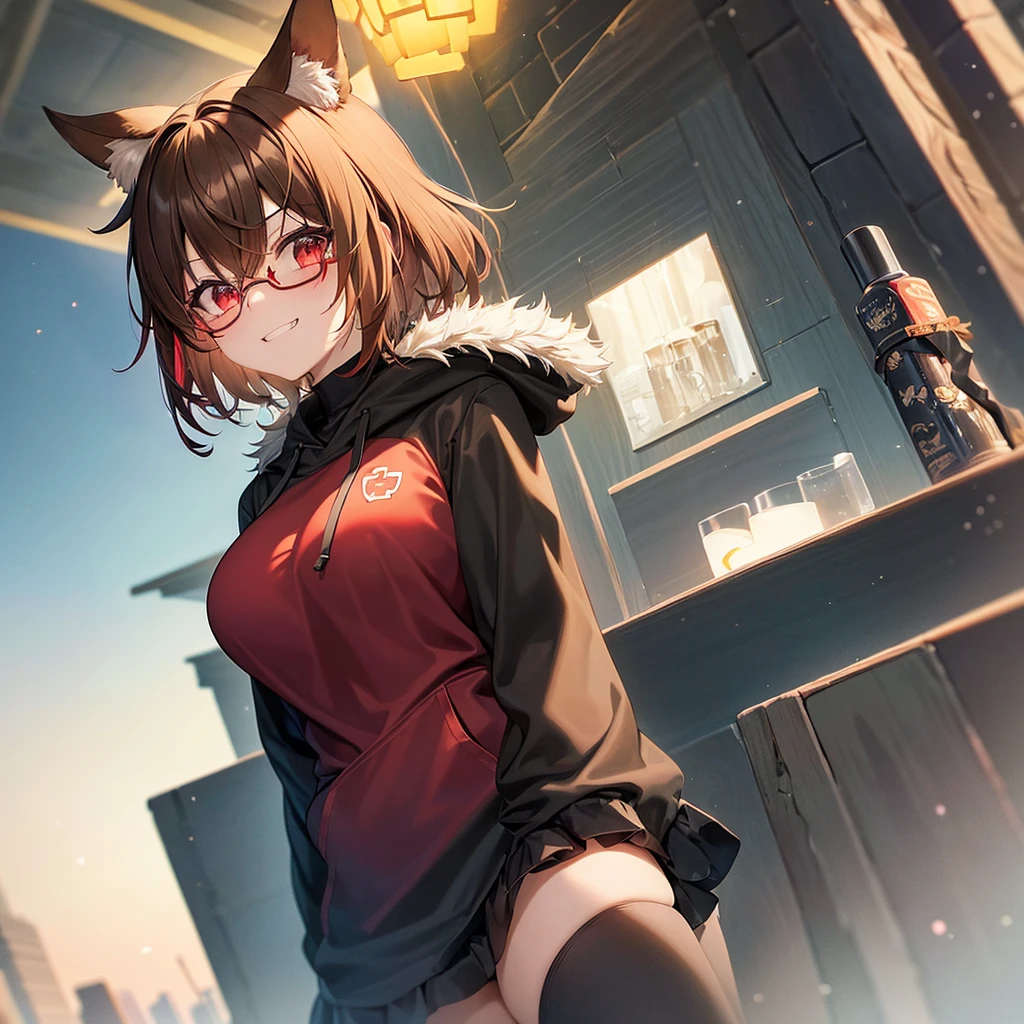 1 girls, mature female, very short hair, hime cut, parted bangs, light brown hair, streaked hair, evil grin, animal ears, ,p, large breasts, deep red eyes, red bow, kunder-rim eyewear, fur trim, jacket|hoodie, black gauze skirt, black footwear, black legwear, aqua Clothes, dusk, dusk sky,