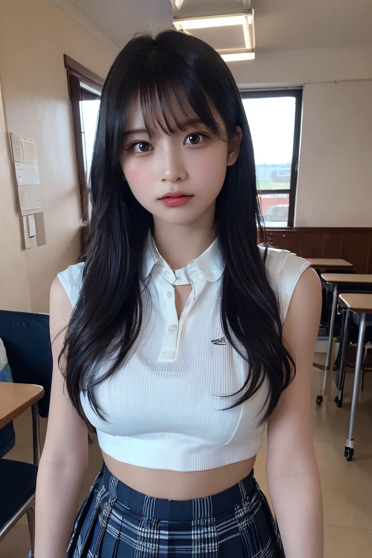 (Highest quality:1.4),(masterpiece:1.4),(Realistic:1.4),(Realistic:1.2),(超High resolution, RAW Photos:1.4),(High resolution, Very detailed:1.2),(8K:1.2),Cheki,a photo of a dark-haired,One Girl,alone,(wearing school attire with mini pleated skirt),Big Breasts,((Upper Body:1.3)),long wavy Hair,Low image quality、blurred
