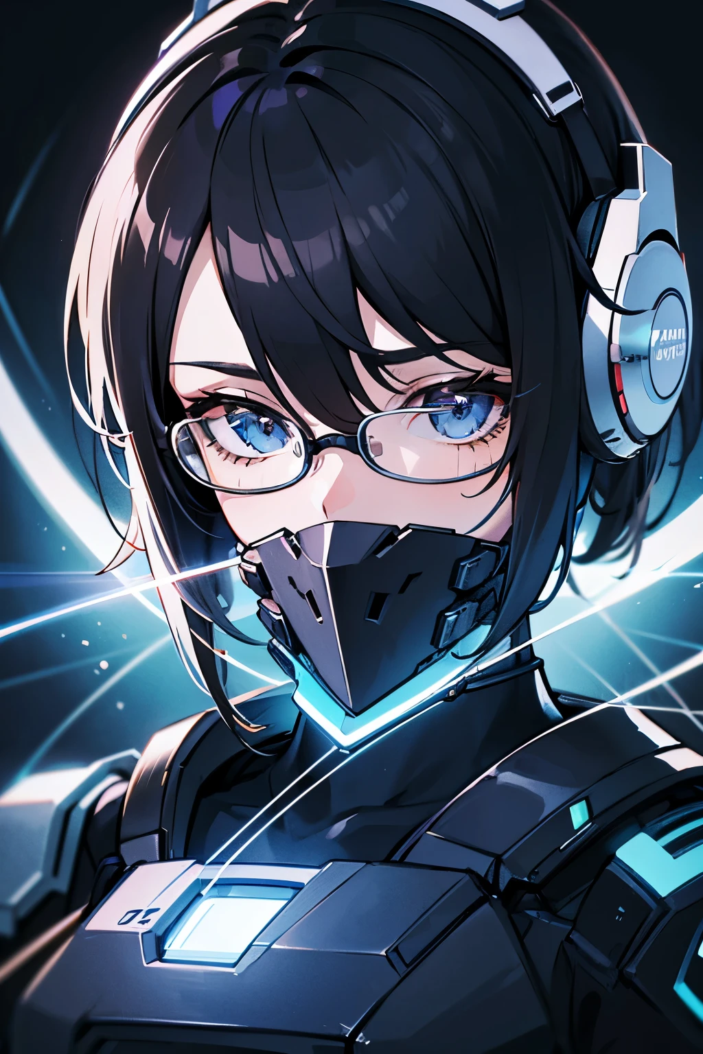 Myself, depicted in the future, engrossed in headphones by the skilful Pixiv artist samai - s2. This masterpiece, boasting top-notch quality, showcases the intricate details of the future technology in my hands. The image is set against a pixelart background, vibrant with radial lines, enhancing the futuristic atmosphere. The focus is on a close-up of my head, with black hair styled in short, detailed strands. My eyes peek over the rim of stylish eye glasses, reflecting the soft light from the surroundings. The color palette of the scene is primarily monochrome, with pops of color from the headphones and the background