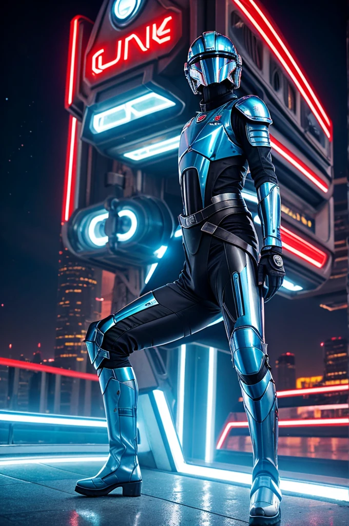 Creates an image of a thin man wearing futuristic Jango Fett style armor in metallic red and mesh fabric details and wearing ribbon boots with jaguar speckles and the helmet visor is metallic ice blue and wielding an epic astronaut rifle in white color with ice blue details squatting posing on a futuristic bridge near the futuristic city at night and a Supreme neon sign in the background