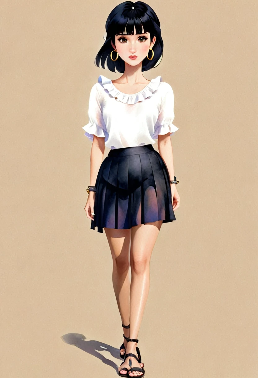 A woman looking straight ahead, she has black hair with bangs, brown eyes, small freckles on her face, earrings in her ears and a chain on her arm. She is wearing a black skirt and white blouse with ruffles. She has black sandals on her feet. watercolor style, disney pixar. high quality