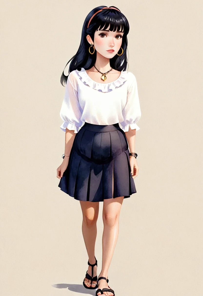 A woman looking straight ahead, she has black hair with bangs, brown eyes, small freckles on her face, earrings in her ears and a chain on her arm. She is wearing a black skirt and white blouse with ruffles. She has black sandals on her feet. watercolor style, disney pixar. high quality