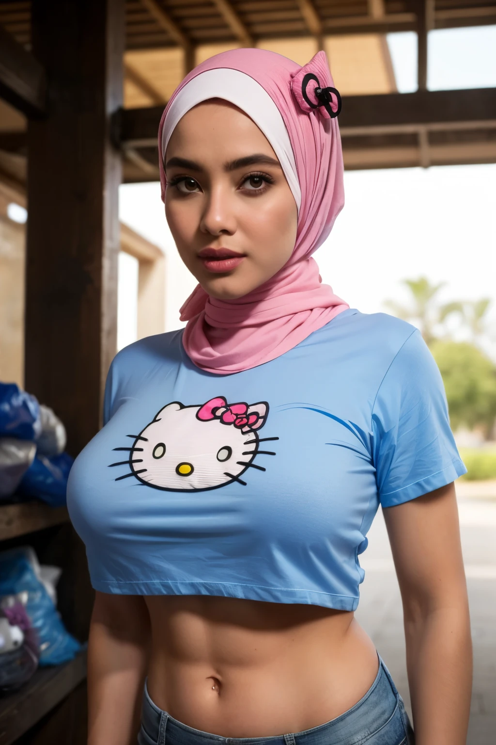 Transparent, ((STYLISH WRAP HIJAB)), ((Gigantic tits:1)), (dynamic photograph of a 58 year old Indonesian woman), (highly detailed face:1.4), (vascular muscles and abs:1.3), (background garbage dump), (8k, uhd, dslr, high quality, cinematic lighting, bokeh), (dramatic, half body photography, incredible masterpiece:1.3), (((sexy sultry stare at camera:0.8))), ((she is ready to dominate you:0.5)), ((beautiful feminine face)), add_detail:1, (((wearing t-shirt hello kitty)))