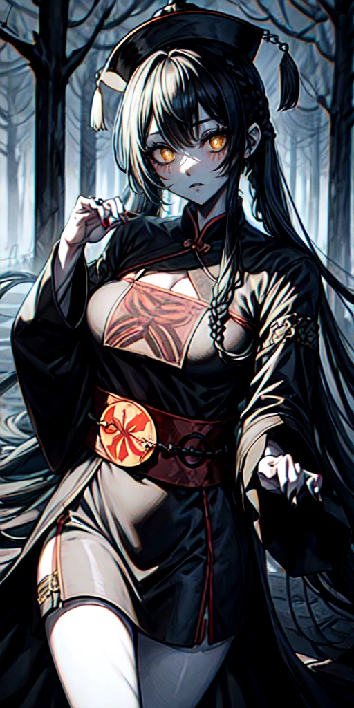 lora:flat:-1.2, masterpiece, best quality, 4k, 8k, 1 woman, solo, pale skin, tall stature, long hair, blunt bangs, side braid, black hair, ugly face, bad face, bad eyes, droopy eyes, unclear eyes, ruby red eyes, lemon yellow eyes, pale skin, black eyeliner, black eye shadow, heterochromia, slender frame, frightened, ofuda, jiangshi costume:1.2, sheath long skirt, China dress, fang, horror, coffin, forest, dark night, stormy weather, fog, from front, cowboy shot, look at viewer, paw pose,