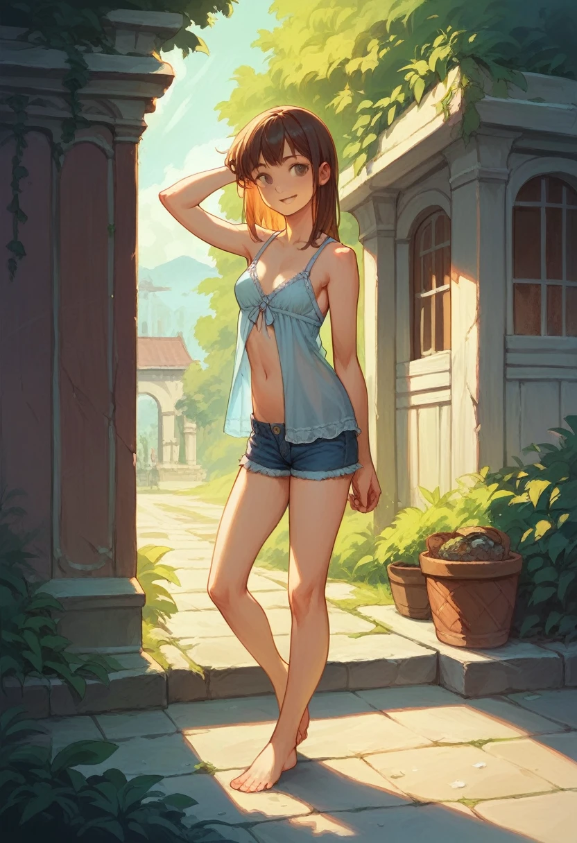 Best Quality, masterpiece, detailed,2d,flat color, 1 girl,18 years,little,smile,nightgown,denim shorts,socks,exterior,small breasts, barefoot.