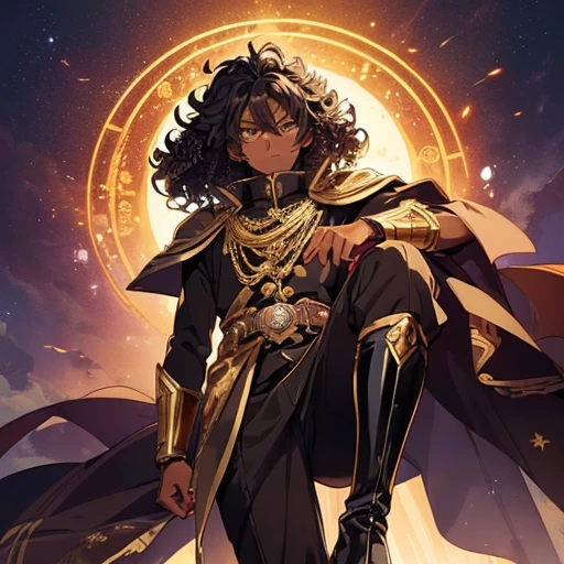(Boy:1.2),(male gender:1.2,(Anime 2D:1.2) (imperial clothing:1.1) (dark skin:1.2) (curly hair:1.2) (golden boots:1.1) (mystical eyes:1.1) (regal pose:1.1) (detailed background:1.1) (majestic :1.2) (confident:1.1) (imperial setting:1.1)